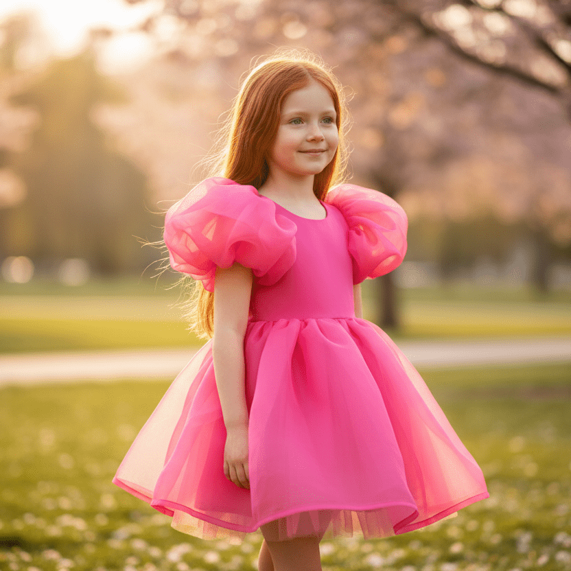 Young girl in a pink dress standing in a park with trees and grass in the background
