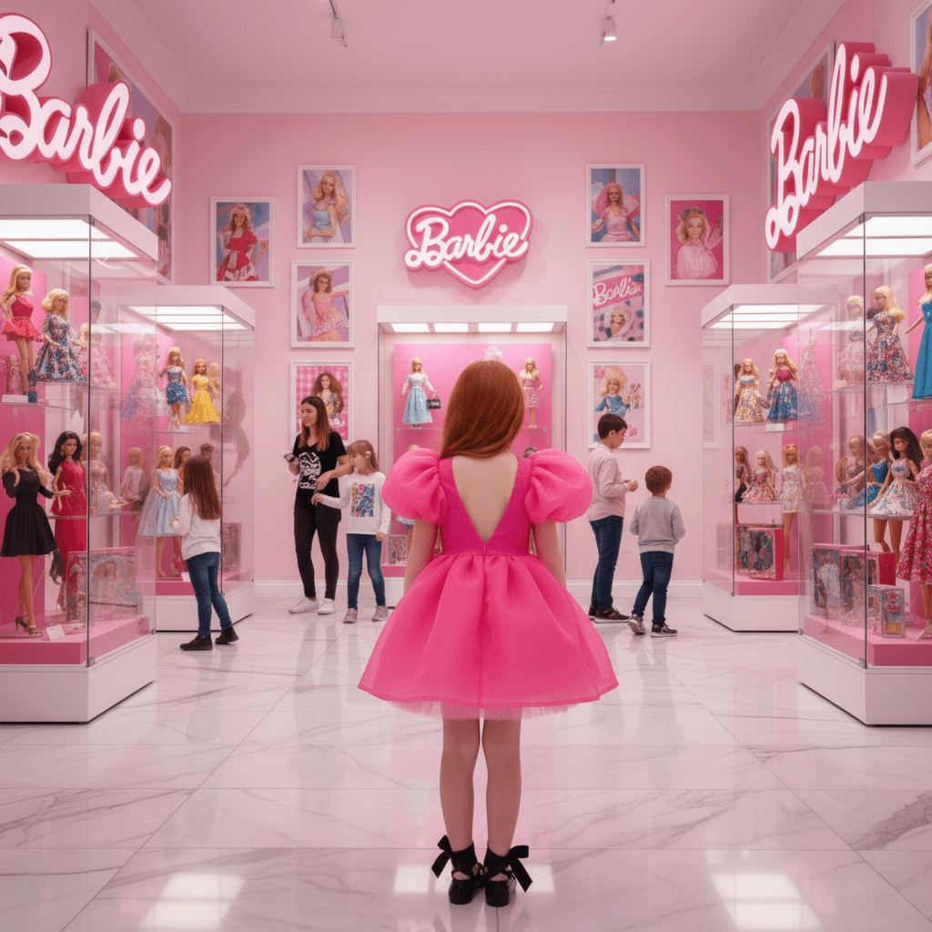 Woman in a pink dress standing in a Barbie-themed store with displays and neon signs.