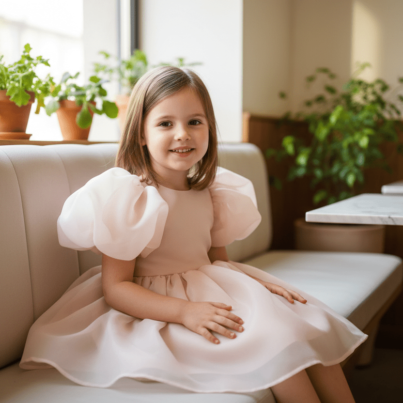 Young girl in a pink dress sitting on a couch in a cozy room with plants.