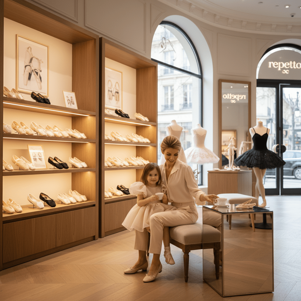 Woman and child in a shoe store with shelves of shoes and mannequins.