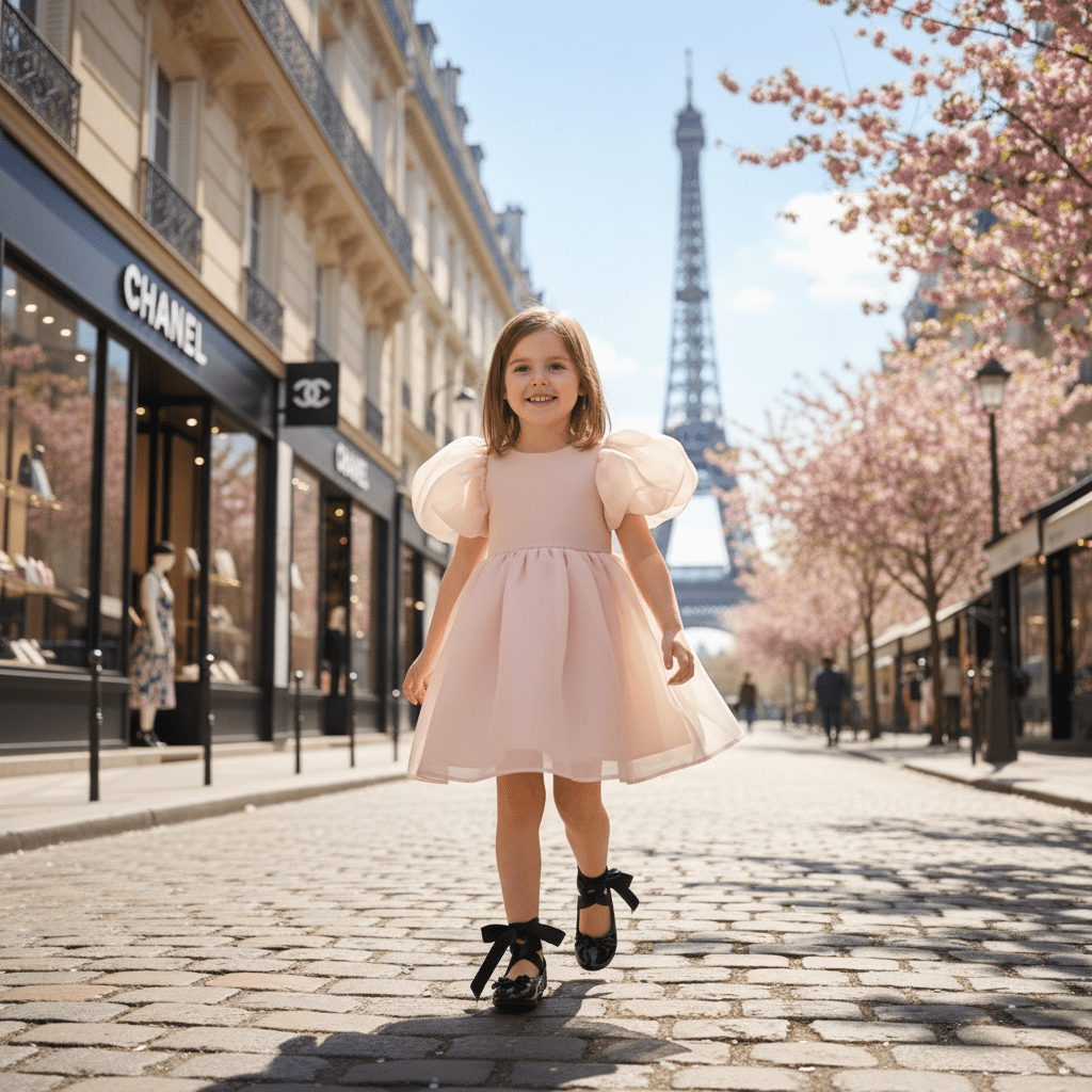 Young girl in a pink dress standing on a street with the Eiffel Tower in the background