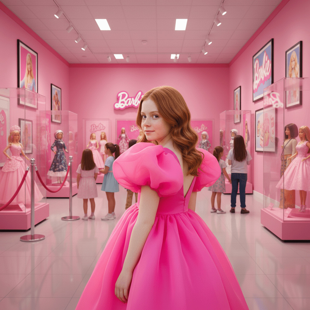 Woman in a pink dress standing in a Barbie-themed exhibit with other visitors.