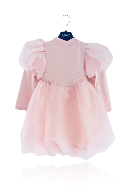 DOLLY WORLD PUFF LONG SLEEVE BALLOON ORGANZA DRESS WITH COTTON BODY dollypink