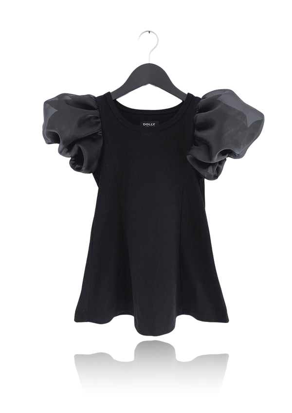 DOLLY WORLD SHORT PUFF SLEEVE ORGANZA DRESS WITH COTTON BODY black