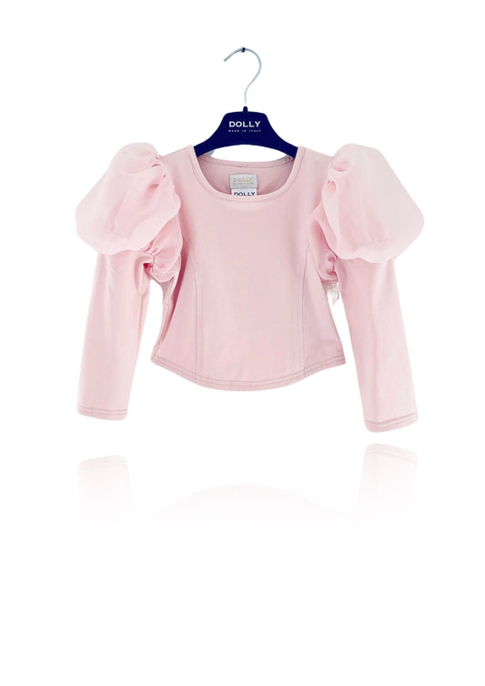 DOLLY WORLD PUFF LONG SLEEVE ORGANZA TOP WITH COTTON BODY dollypink