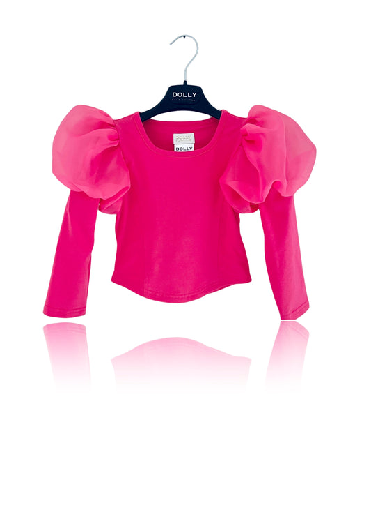 DOLLY WORLD PUFF LONG SLEEVE ORGANZA TOP WITH COTTON BODY barbiepink