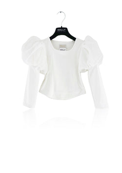 DOLLY WORLD PUFF LONG SLEEVE ORGANZA TOP WITH COTTON BODY white