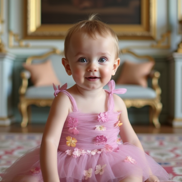 Baby in a pink dress sitting on a patterned rug with classical painting in the background
