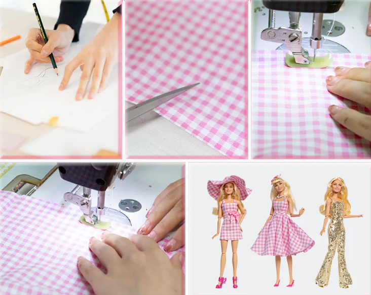 DOLLY® DOLL CLOTHES SET BARBIE MOVIE PINK CHECKERED DRESS WITH BOW + SHOES FOR 12 inch 30 cm 1/6 scale fashion dolls