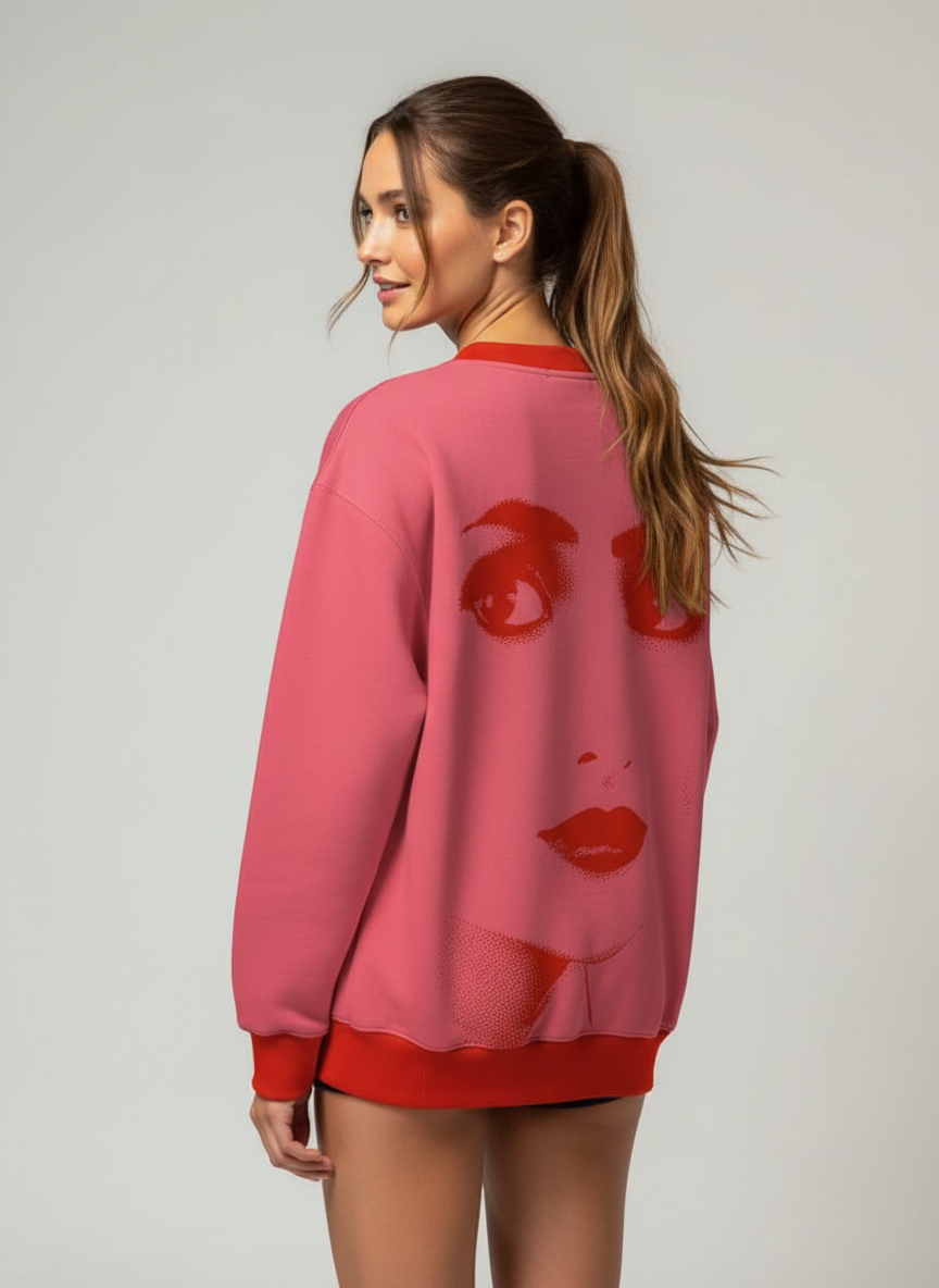 Woman wearing a pink sweater with red lip prints on a plain background