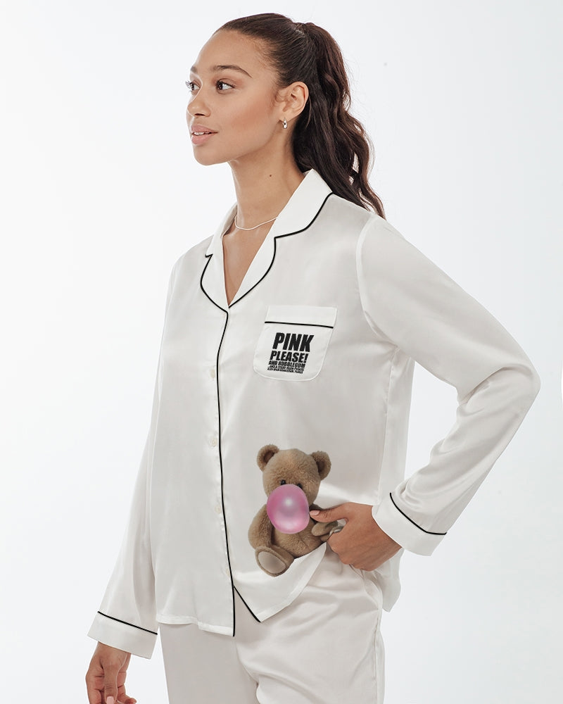 DOLLY® TEDDY BEAR BUBBLEGUM Women's Satin Long Sleeve Pajama Top