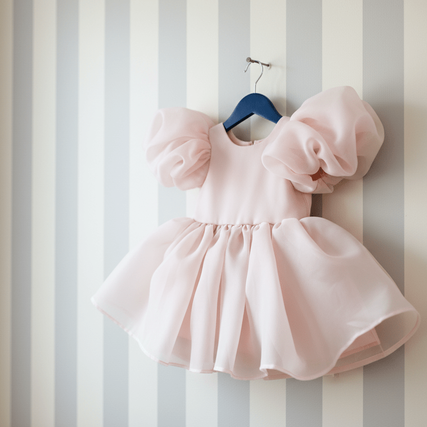 Pink children's dress with puffed sleeves on a hanger against a striped wall.