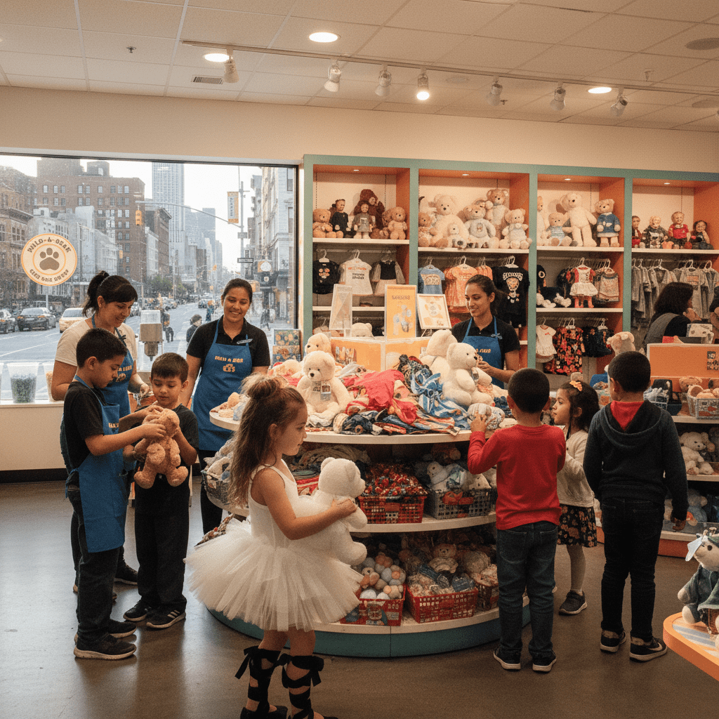 Children and staff in a toy store with shelves of stuffed animals and toys.