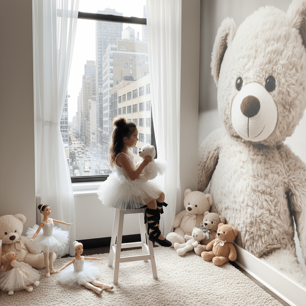 Child in a white dress sitting on a stool holding a teddy bear next to a large teddy bear in a room with cityscape view.