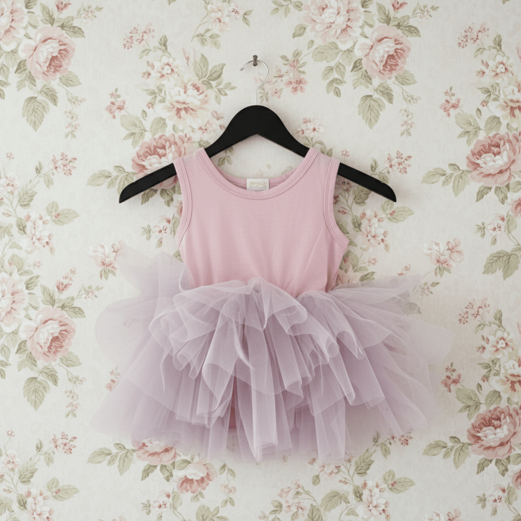 Pink tutu dress on a hanger against a floral wallpaper background