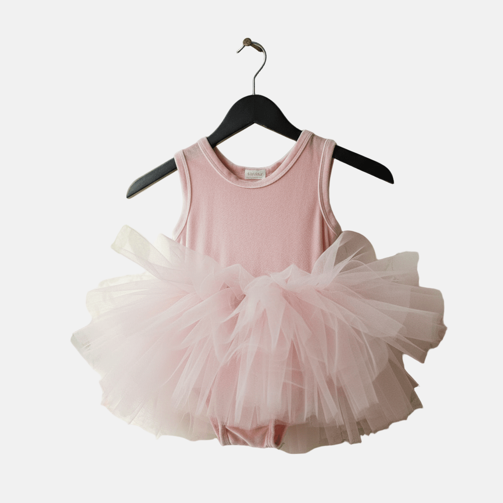 Pink tutu dress on a hanger against a white background