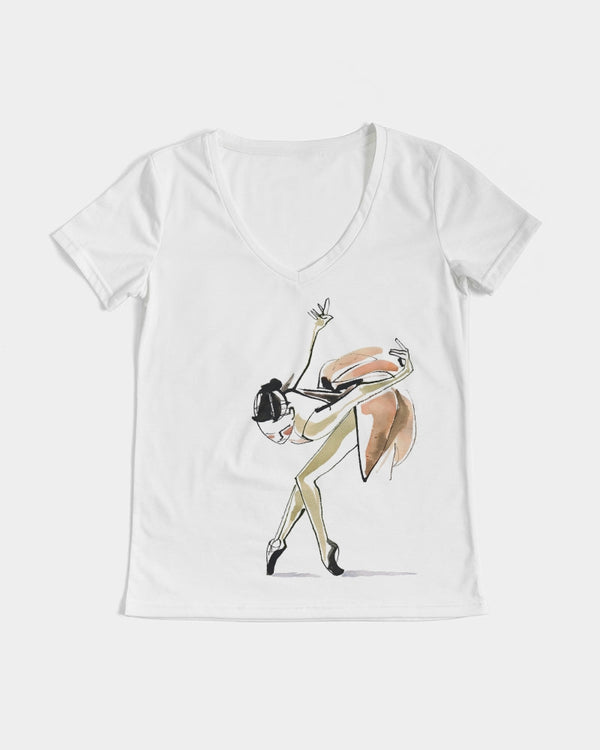 DOLLY X MarkbyMark Acuarela y tinta Bailarina Reverencia Camiseta con cuello en V para mujer
