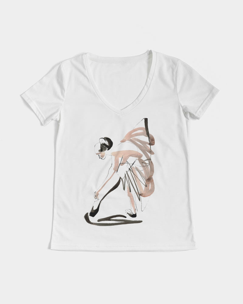 DOLLY X MarkbyMark Acuarela y tinta Bailarina Poniéndose zapatos de punta Camiseta con cuello en V para mujer