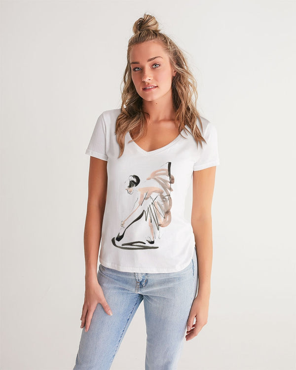 DOLLY X MarkbyMark Watercolor & ink Ballerina Putting on Pointe Shoes Women's V-Neck Tee