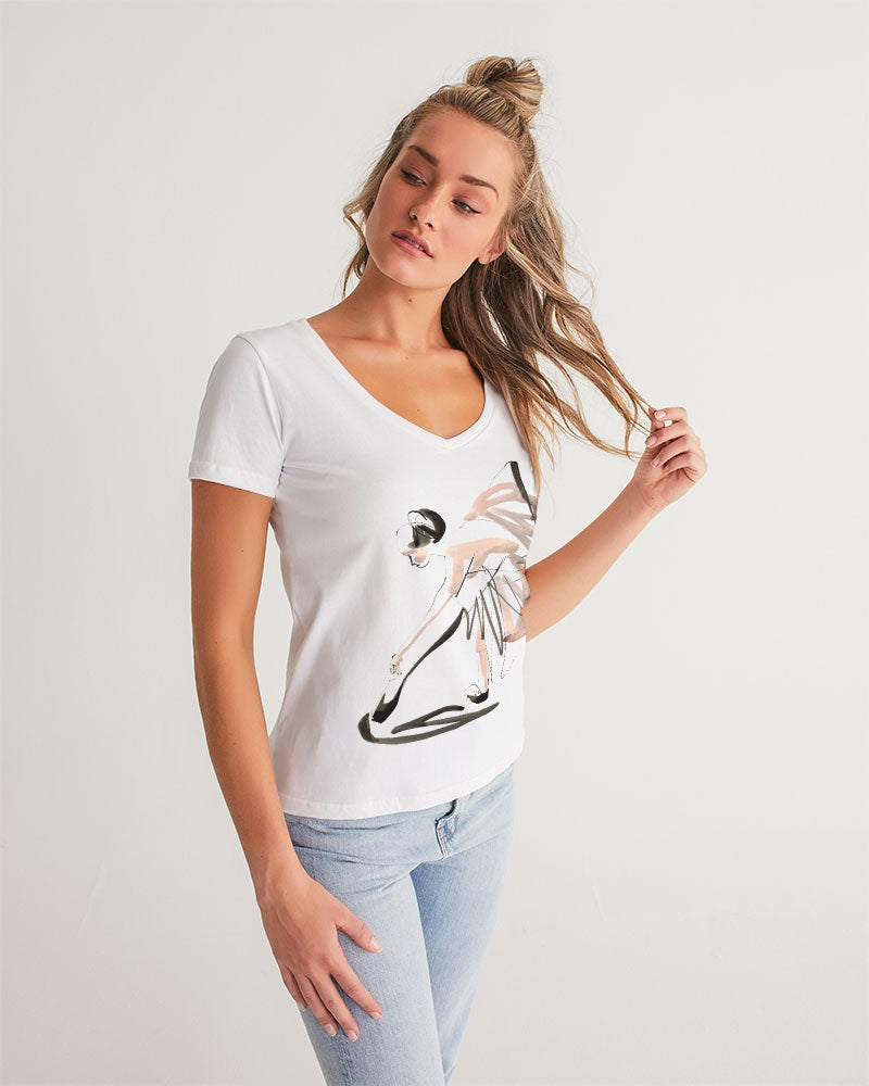 DOLLY X MarkbyMark Acuarela y tinta Bailarina Poniéndose zapatos de punta Camiseta con cuello en V para mujer