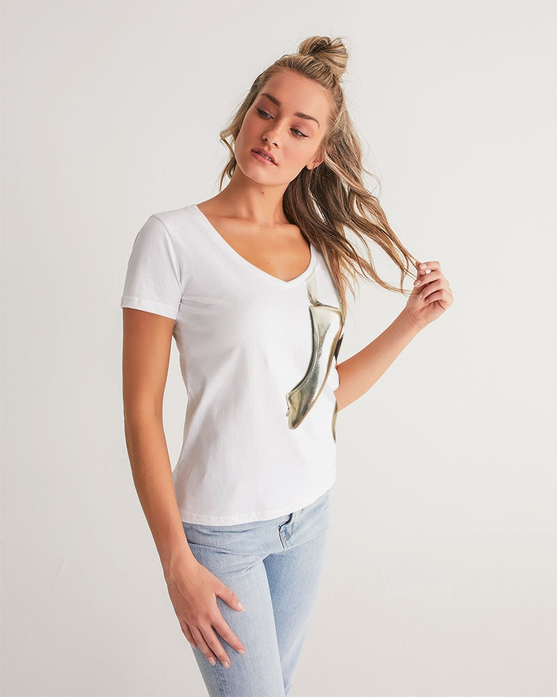 NOT WITHOUT MY DOLLY BALLERINAS WITH GOLD BALLERINAS Women's V-Neck Tee
