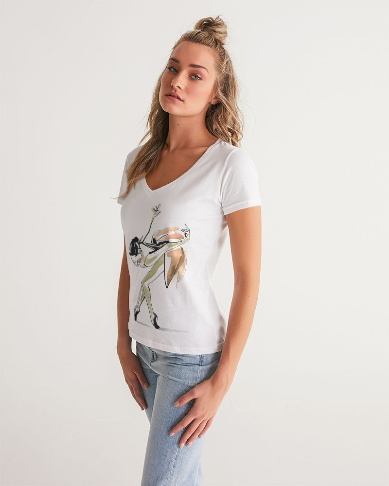 DOLLY X MarkbyMark Acuarela y tinta Bailarina Reverencia Camiseta con cuello en V para mujer