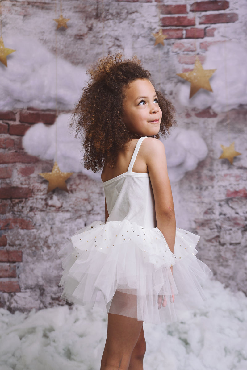 VESTIDO DE TUTU DE LEOTARDO DE TERCIOPELO DOLLY® CON ESTRELLAS Y LUNA ⭐️ 🌙 TUL blanco