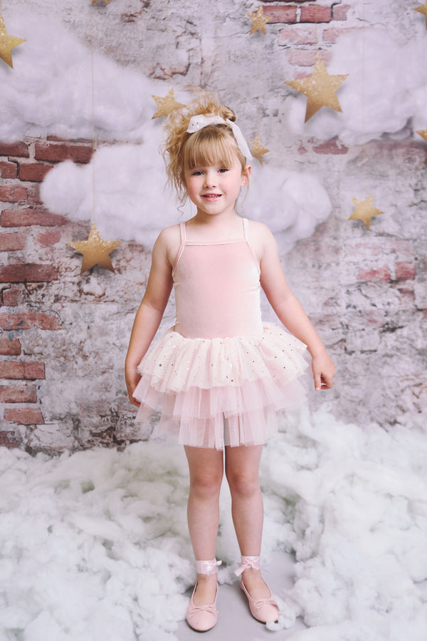 VESTIDO DE TUTU DE LEOTARD DE TERCIOPELO CON ESTRELLAS Y LUNA ⭐️ 🌙 TUL rosa ballet DOLLY®