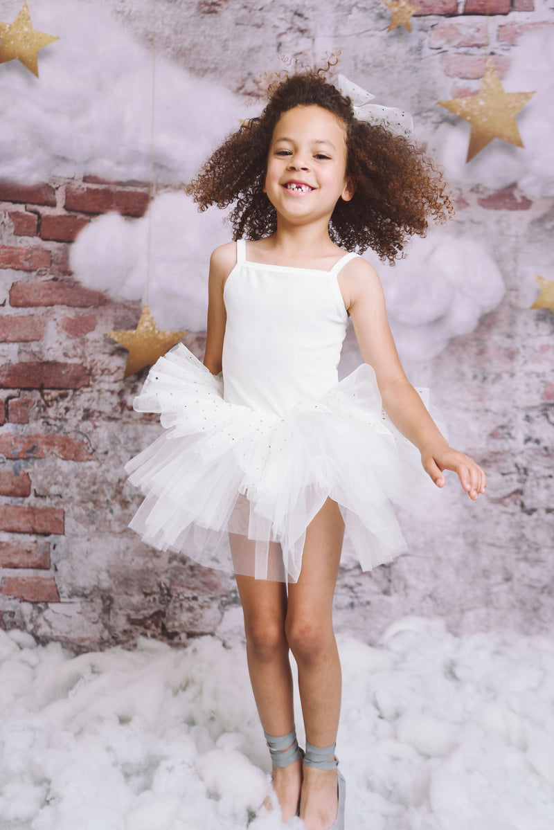 VESTIDO DE TUTU DE LEOTARDO DE TERCIOPELO DOLLY® CON ESTRELLAS Y LUNA ⭐️ 🌙 TUL blanco