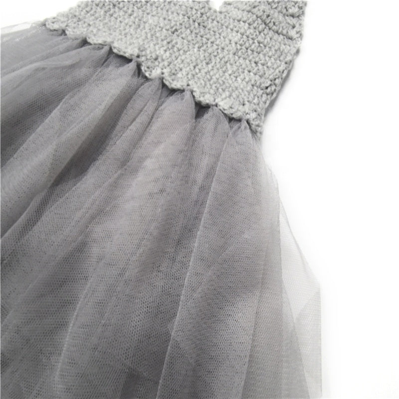 DOLLY by Le Petit Tom ® CROCHET TUTU DRESS V-NECK silver grey