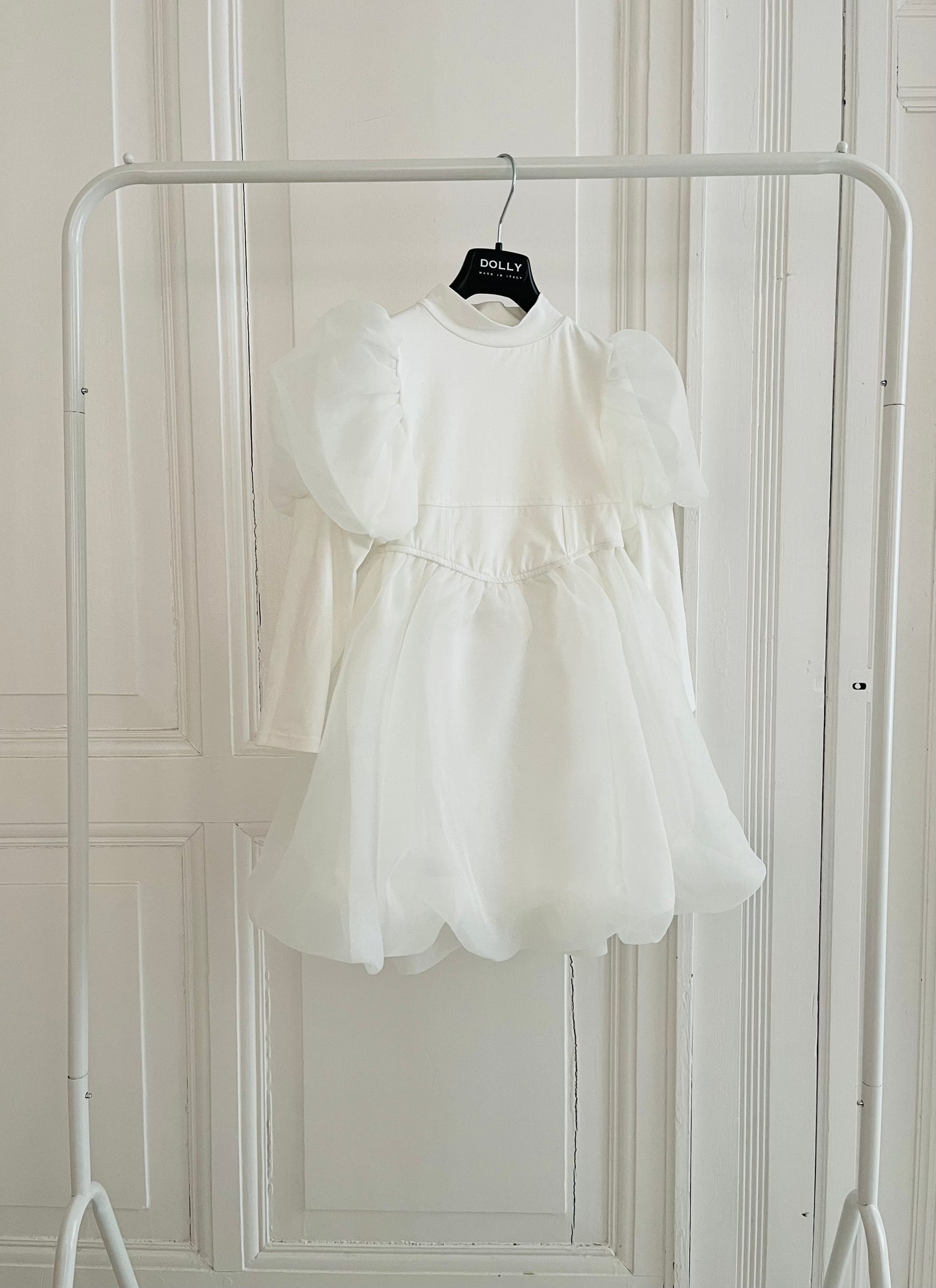 DOLLY WORLD PUFF LONG SLEEVE BALLOON ORGANZA DRESS WITH COTTON BODY white