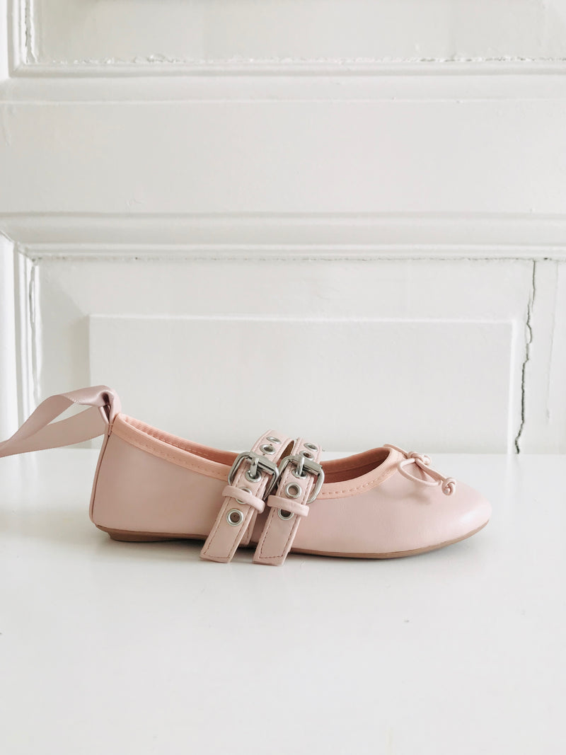 DOLLY BUCKLE BELT BALLERINAS WITH RIBBONS ( Including FREE Buckle Waist Belt!) pink