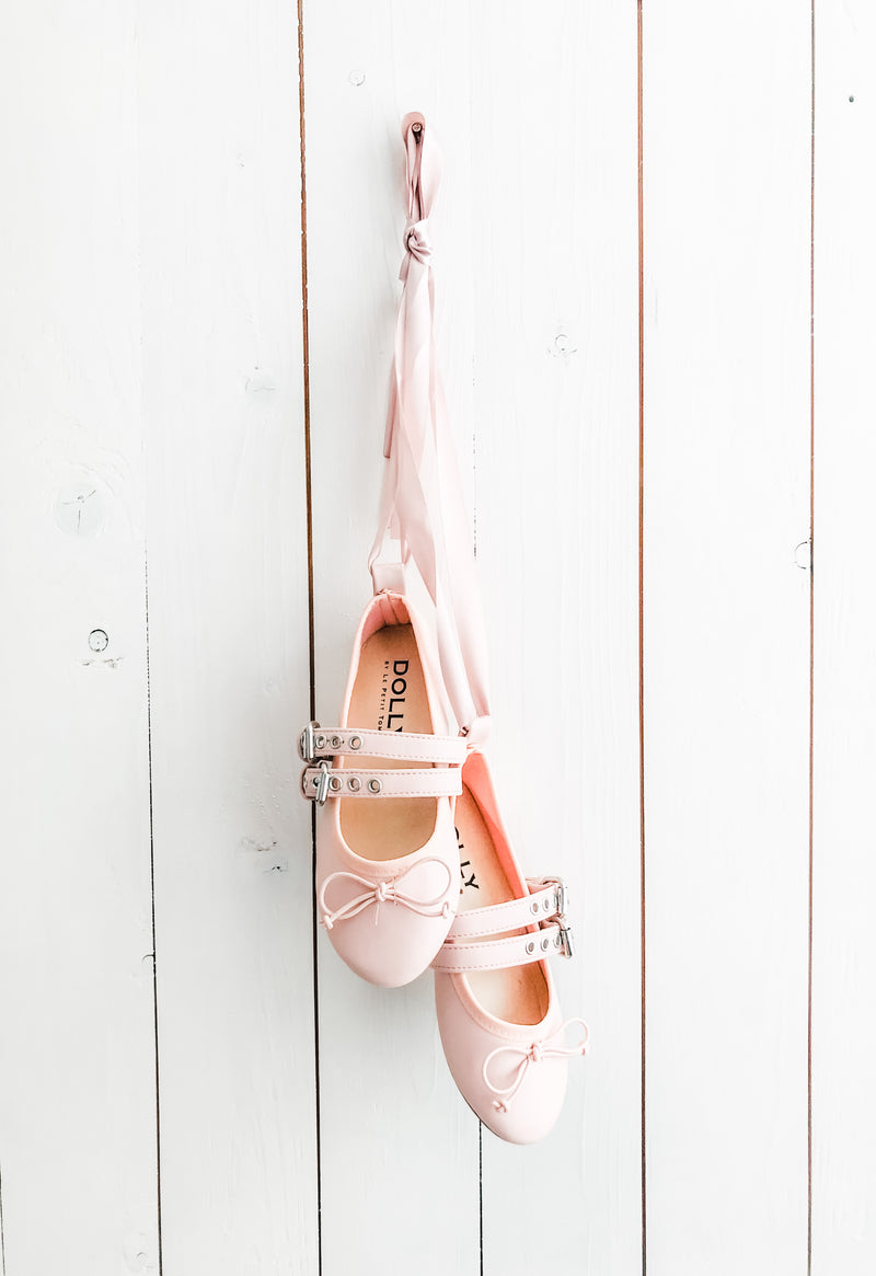 DOLLY BUCKLE BELT BALLERINAS WITH RIBBONS ( Including FREE Buckle Waist Belt!) pink