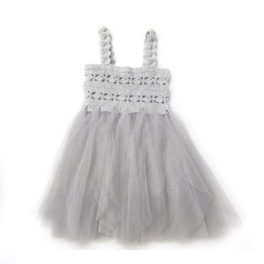 DOLLY by Le Petit Tom ® CROCHET TUTU DRESS ALL EYES silver grey