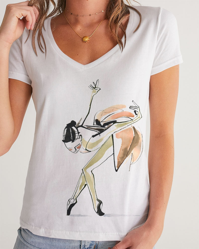DOLLY X MarkbyMark Acuarela y tinta Bailarina Reverencia Camiseta con cuello en V para mujer