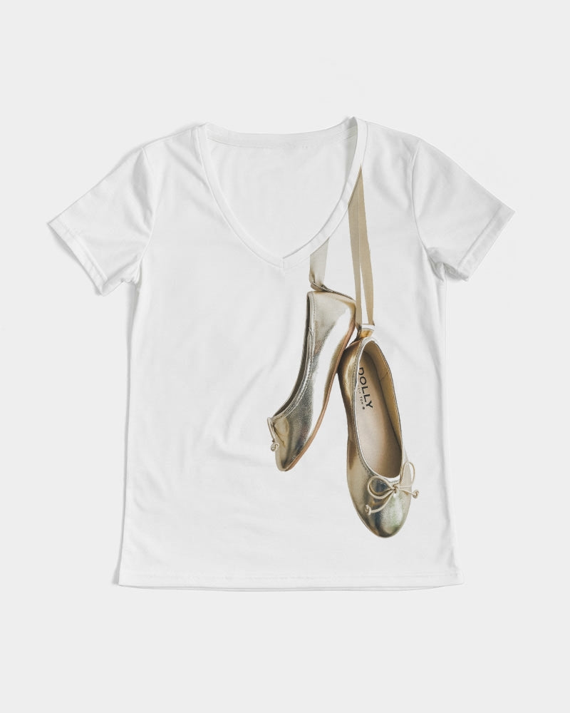 NOT WITHOUT MY DOLLY BALLERINAS WITH GOLD BALLERINAS Women's V-Neck Tee