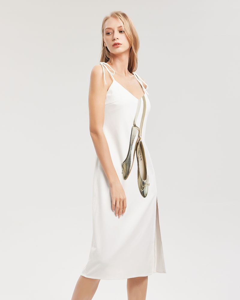 DOLLY GOLD BALLERINAS Women's Tie Strap Split Dress white