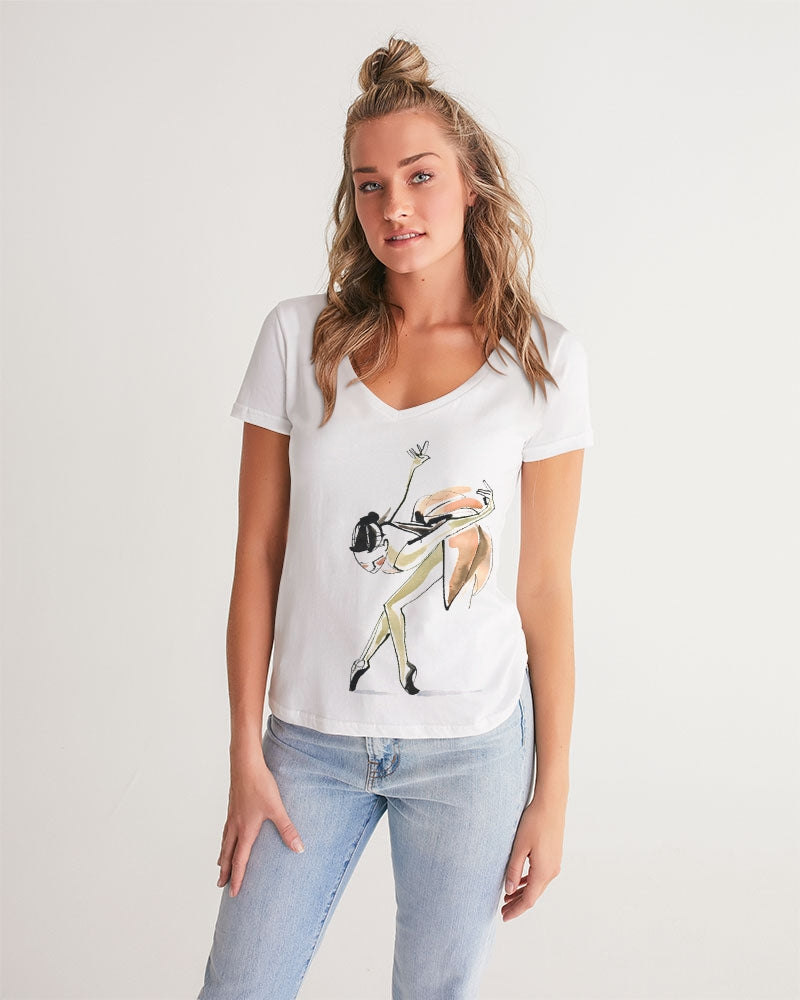 DOLLY X MarkbyMark Acuarela y tinta Bailarina Reverencia Camiseta con cuello en V para mujer