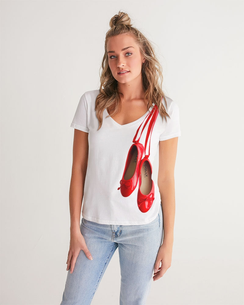 NOT WITHOUT MY DOLLY BALLERINAS WITH RED BALLERINAS Women's V-Neck Tee