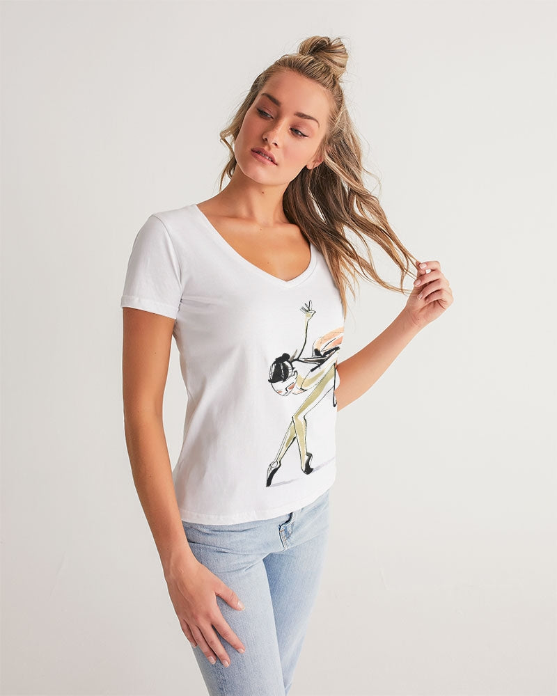 DOLLY X MarkbyMark Acuarela y tinta Bailarina Reverencia Camiseta con cuello en V para mujer